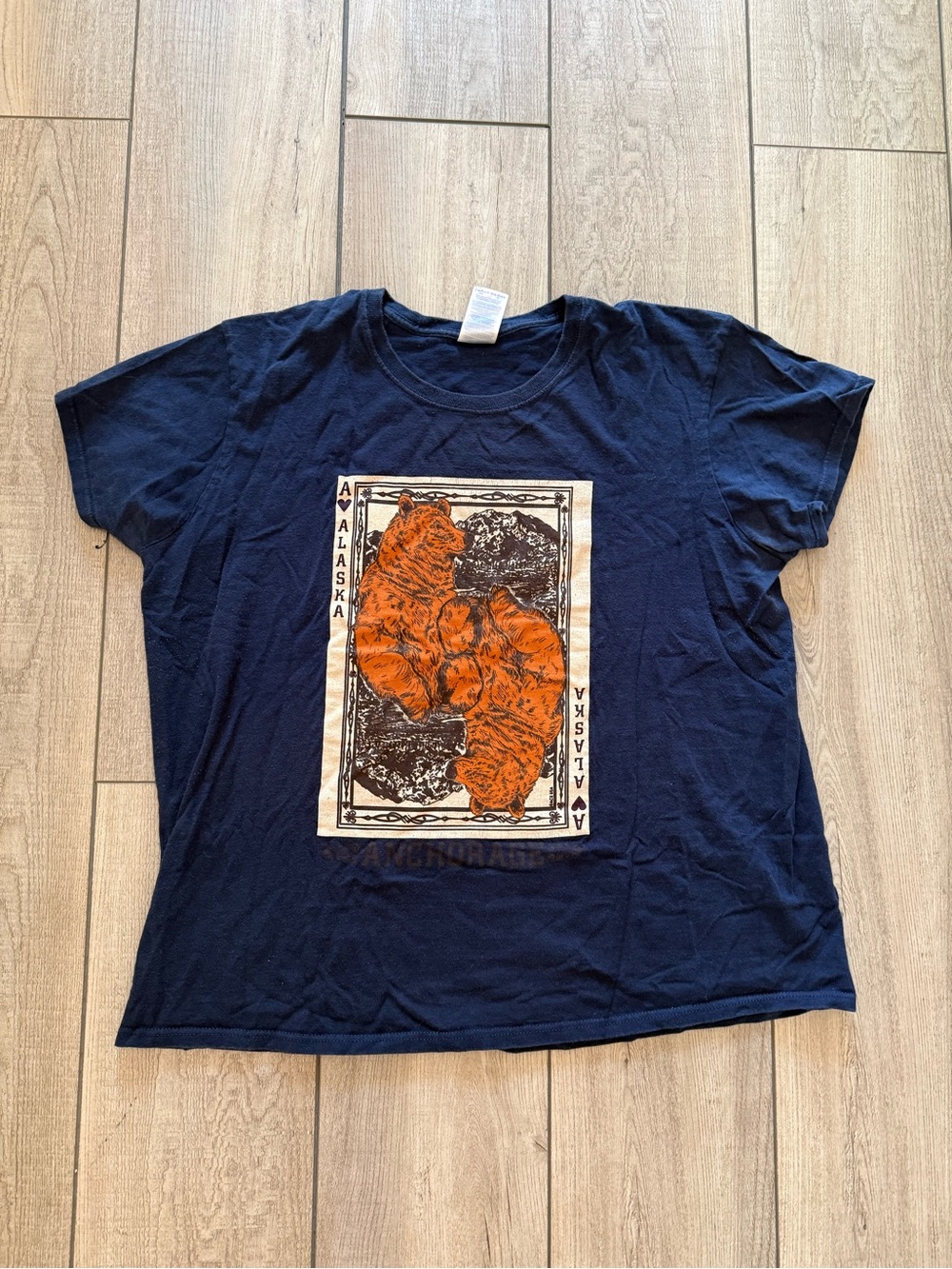 Gildan Navy Short Sleeve Tee with Orange Bear Graphic